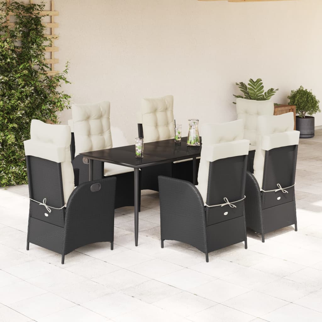 7-tlg. Garten-Essgruppe mit Kissen Schwarz Poly Rattan
